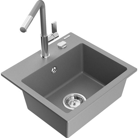 Mexen Milo fregadero de granito de 1 cubeta con grifo de cocina Flora, gris - 6505-71-670401-06 (1/5)