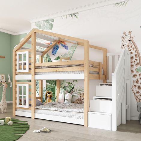 Lit superposé enfant 90x200 cm, design cabane arbre avec fenêtres, échelle avec rangements, garde-corps sécurité, 2 sommiers à lattes, bois naturel blanc, sans matelas (1/5)