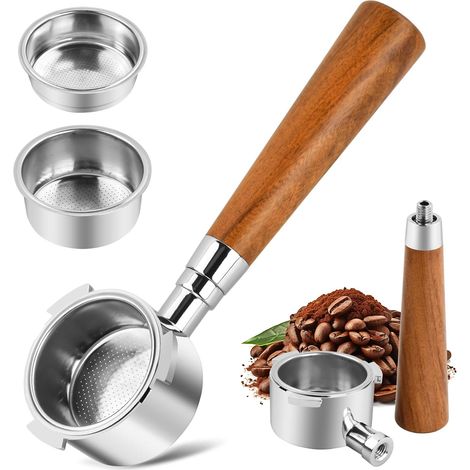 1 Porte-Filtre Sans Fond 51mm, Poignée En Noyer, 2 Paniers Filtre Inox, Pour Machine Delonghi Dedica (1/5)