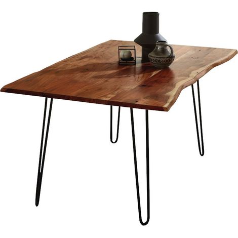 Esstisch Baumkante massiv Akazie nussbaum 90x90 Hairpin-Gestell schwarz HANNAH (1/5)