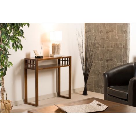 Macabane – Console rectangulaire marron 80x30x76.5 cm en bois Mindi massif – Meuble monté pour entrée, salon, cuisine – Style moderne et ethnique (1/4)