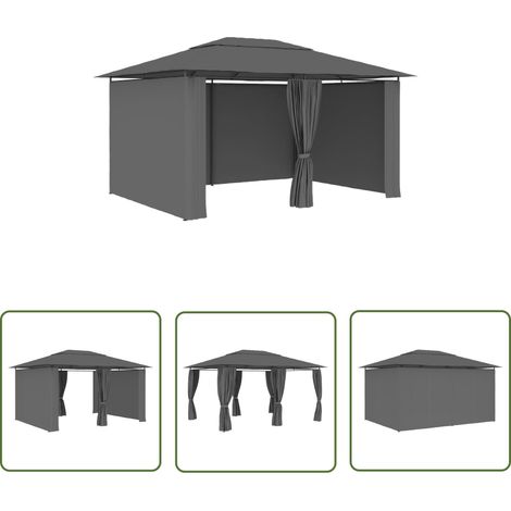 The Living Store Tonnelle de jardin avec rideaux 4 x 3 m Anthracite - Tente De Jardin - Abri Jardin - Tonnelle Pliable - Gazebo - Structure Extérieure (1/5)