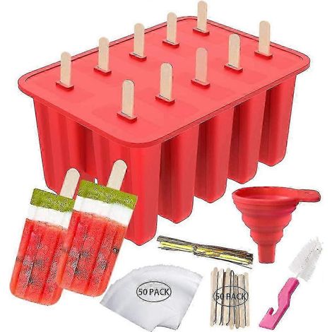 Moules à glace réutilisables en silicone, ensemble de 10 moules à crème glacée sans BPA, comprenant des bâtonnets en bois, un entonnoir et une brosse de nettoyage pour la fabrication de glaces maison. (1/3)
