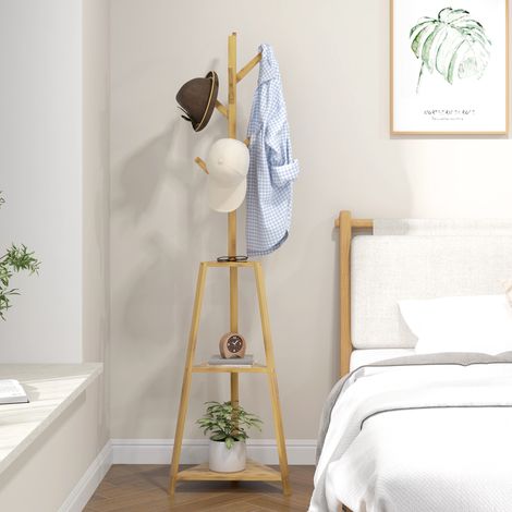 Portemanteau sur pied en bois bambou portant à vêtements 8 patères 3 étagères 46 x 46 x 175 cm naturel (1/5)