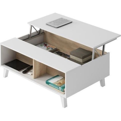 Pegane – Table basse fixe blanc brillant et chêne – Dimensions 38 x 100 x 68 cm – Panneaux de particules mélaminés – Design scandinave (1/3)