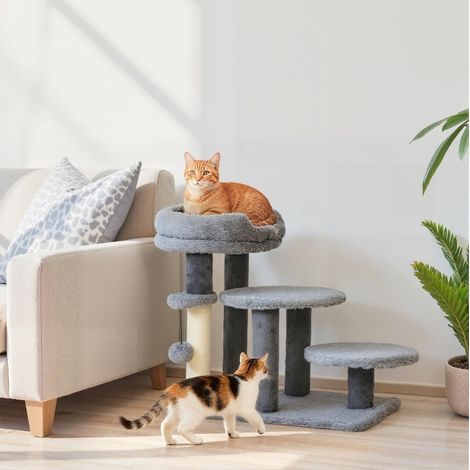 Árbol rascador y escalera para gato, base ancha, felpa, poste de sisal, gris OKMYHOME (1/5)