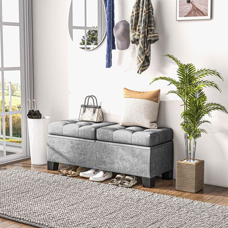 Coffre de rangement matelassé rembourré Panca Fondoletto 116x41x47cm gris, bac de stockage en tissu capitonné (1/5)
