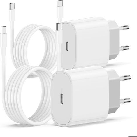 Chargeur USB Type C - 20 W - Compatible iPhone 15 iPhone 16 iPad Pro - Lot de 2