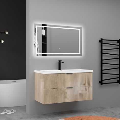 AICA Meuble de salle de bain suspendu Strié Brillant 100cm avec simple vasque + 2 tiroirs, Chêne (1/5)