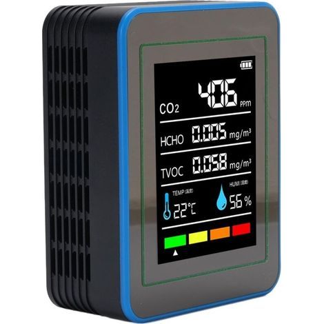 5-in-1 Air Quality Detector, CO2 TVOC HCHO, Temperature and Humidity Detection, Portable Rechargeable Meter, Black and Blue (1/5)
