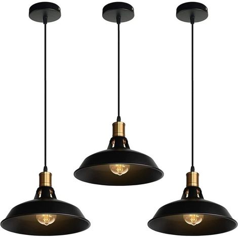 Suspension Lustre Industrielle Vintage Luminaire Plafonnier E27 Salon Abat-jour Plafond en Métal Rétro Style Nordique Design Câble Réglable (Noir, 3pcs)