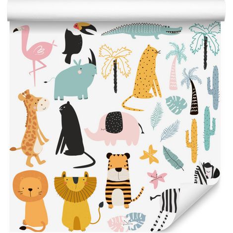 Papel pintado con animales: cocodrilos, leones y palmeras para salón y dormitorio, 50x1000 cm. (1/5)