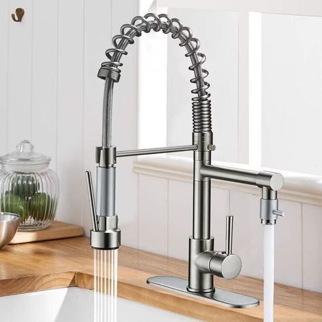 Robinet Cuisine avec 2 Jets,Robinetterie à Ressort Mitigeur Cuisine,Mitigeur Cuisine Rotatif à 360° Froid & Chaud Disponible，Brossé. (1/4)