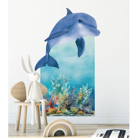 Décor papier peint préencollé Atelier Déco, à la mer, scène principale, dauphin, fond marin, coraux, 135 cm X 83 cm (1/5)