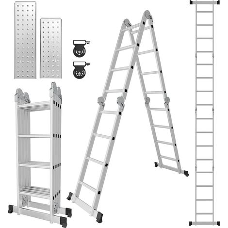 Randaco Teleskopleiter Alu Leichtgewicht Rutschfester 4x4 Ebene+Rad+Brett Multifunktionsleiter Mehrzweckleiter Ausziehbare Leiter 15 Stufe Stehleiter aus Hochwertigem Aluminium Belastbarkeit 150KG