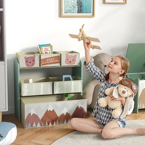 Meuble de rangement enfant avec 6 boîtes en tissu, 3 petits et 2 moyens compartiments, vert DESVIAE (1/5)