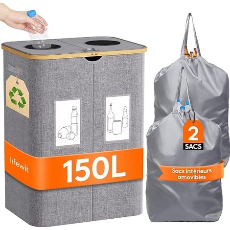 Bottle Collector with Lid Compartments Sorting Bin for Plastic Glass Bottles Recycling Bin with Hole Kitchen Storage Light Grey (1/5)
