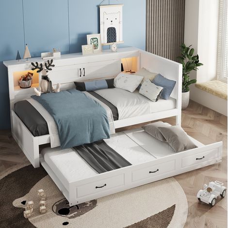 DESVIAE Lit de jour 90 x 200 cm avec éclairage d’ambiance LED rangement latéral lit gigogne prises et USB blanc en panneaux de particules et MDF (1/5)