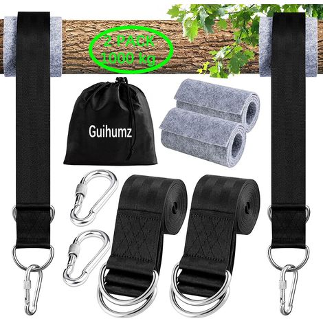 Fixation de Balançoire pour Hamac pour Arbres 2 x 150 cm avec 2 Mousquetons Lourds et Anneaux en D, Hamac sangles,avec Sac de Rangement, Rembourrage de Protection pour Arbre(Max 550kg) (1/5)