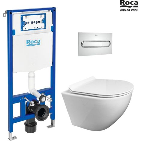 BASTIDOR ROCA DUPLO PACK CISTERNA EMPOTRADA Y PULSADOR PL1 CROMO BRILLO CON WC SUSPENDIDO KP ROUND SMART Blanco Tapa Fina