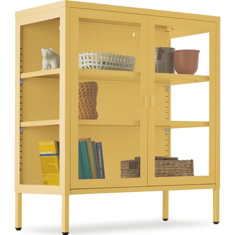 Vitrine métallique, acier thermolaqué, portes vitrées, jaune