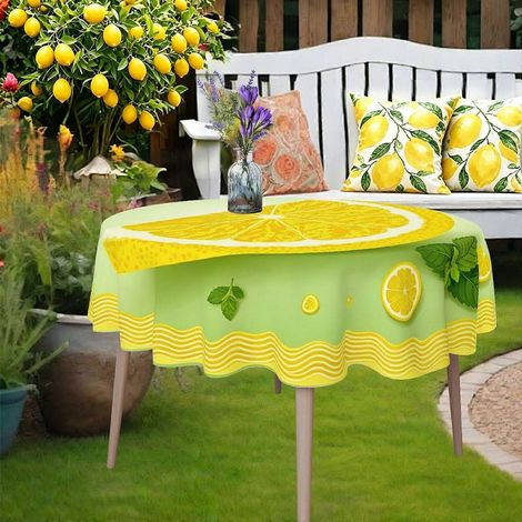 Nappe ronde 1 pièce à bordure jaune pâle et imprimé citron, nappe légère pour table à manger sur le thème de la Saint-Jean, idéale pour les repas entre amis. (1/4)