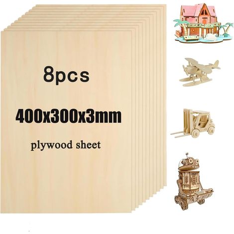 8 Pièces Contreplaqué 3mm (A3) - 400x300mm Plaque de Bois - Panneau Feuille Découpe Laser - Planche en Bois pour Bricolage, Pyrogravure, Gravure et Maquette (A3-40 x 30 cm) (1/5)