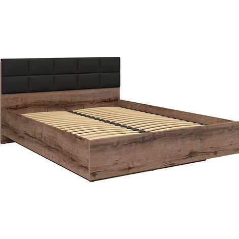 Lit coffre 180x200 avec tête de lit rembourrée noir, sommier et rangement ,coloris Chêne marron foncé - Longueur 206 x Profondeur 185 x Hauteur 42-98,5 cm (1/5)