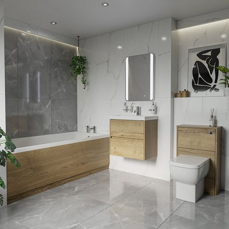 Barton 1800mm x 800mm Slim Edge Straight Single Ended Bathroom Suite including Autumn Oak Furniture Set with Slim Edge Basin (1/5)