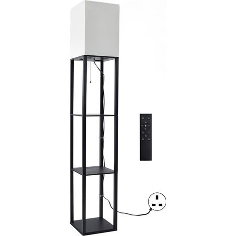 Lampadaire moderne en panneaux de bois composite, quadratique, 3 étagères, ampoules dimmables, prise UK 110-240V, design minimaliste. (1/5)