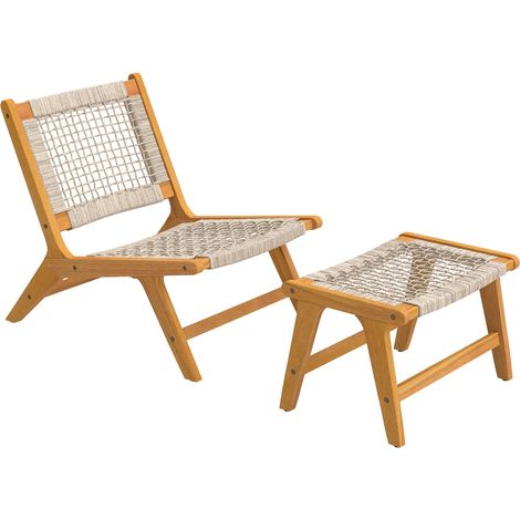 Ensemble de 2 fauteuils de jardin avec repose-pieds – Fauteuil de détente d'extérieur en bois d'acacia certifié FSC et assise en rotin – Style bohème, pieds réglables