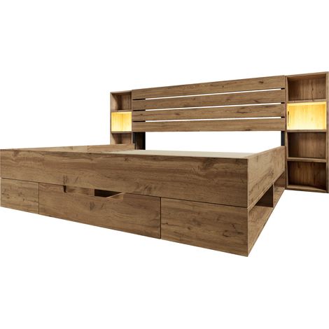 Cama doble 160 x 200 cm con almacenaje, LED y puertos USB-C, color roble (1/5)