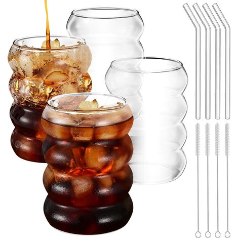 4 Tasse à Café 350ml Verre Borosilicaté Paille Brosse Nettoyage Forme Ondulée Boisson Froide Chaude (1/5)