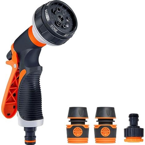 Pistolet d'arrosage, Pistolet Arrosoir, Jardin Pistolets, 8 Modèles D'irrigation Réglables Pistolet d'Arrosage Jardin,3 Interface pour le Lavage des Voitures (Gris Orange Accessoires) (1/5)