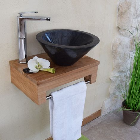 Meuble lave-mains suspendu en teck massif – Dimensions L 44 x l 30 x h 15 cm – Non pré-percé pour robinetterie – Certifié FSC® – Wildwater