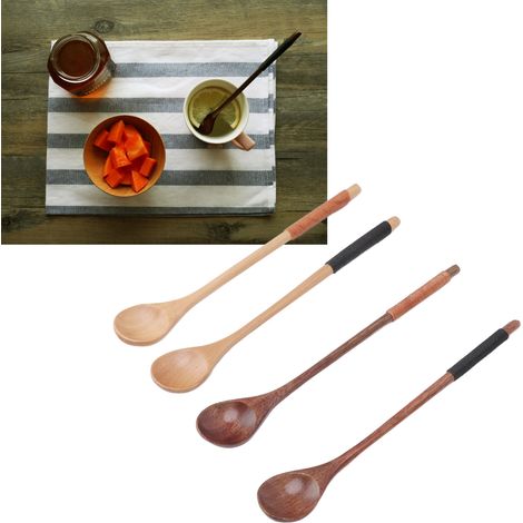 Cuillère à café en bois à long manche, cuillère à mélanger, cuillère à miel (avec enroulement de fil) (1/5)