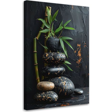 Tableau déco Pierres zen spa feuilles de bambou noires 70x100 (1/4)