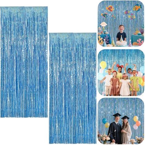 Rideaux de ruban décoratif lot de 2 - fonds 1 x 2 m à franges, bleu clair (1/5)