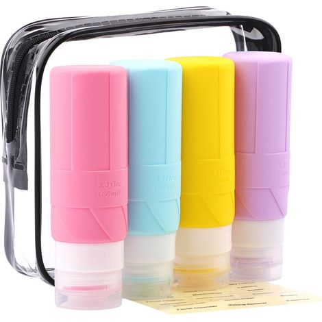 Silicone Travel Bottle – 4 x Travel Containers 100 ml – Mini Bottle for Shampoo, Lotion, Shower Gel, Travel Kit Toilet Product (Macaroon) (1/5)