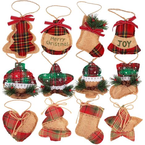 Rustic Christmas Tree Ornaments,Christmas Tree Decorations,Country Farmhouse Ornaments for Christmas Tree,Burlap Christmas Ornaments with Trendy Red and Green Plaid Tartan for Holiday Party Decor-12PC (1/4)