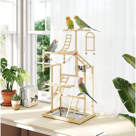 Perchoir pour oiseaux 48x38x95 cm en bois naturel avec plateau inox, stable – MEUBLIV (1/5)