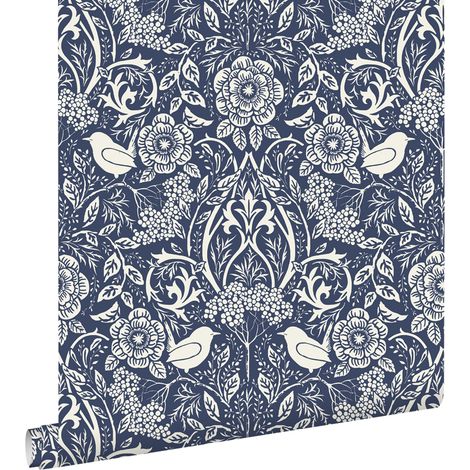 papier peint fleurs et oiseaux de style art nouveau bleu foncé - ESTAhome (1/5)