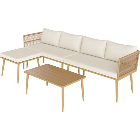 Salon résine tressée 5 places modulable 2 canapés pouf table basse coussins inclus crème