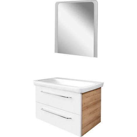 Fackelmann MILANO Badmöbel Set 3-teilig, 80 cm, Braun hell/Weiß, Keramik, LED-Spiegel"-"90293145 (1/2)