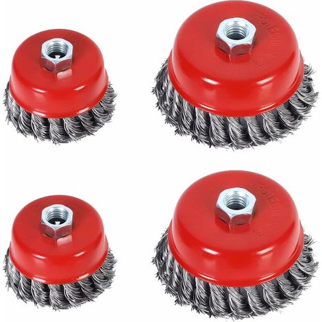 Brosse Métallique Nettoyage, 4pcs Brosse Conique pour Meuleuse d'angle, Brosse de Ponçage en Acier Torsadé pour Meuleuse d'angle(Diamètre de 75 mm et 100 mm, M14)-Lefou (1/5)