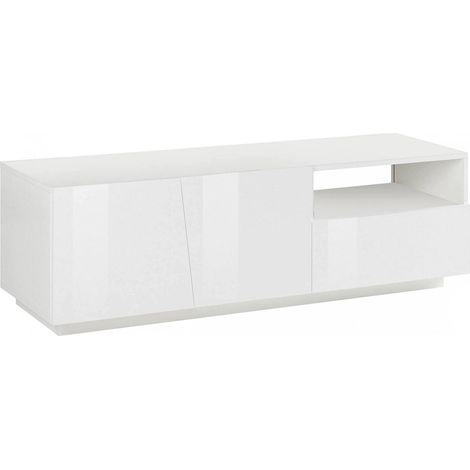 Dmora - Mobile porta TV Aiace, Credenza bassa da soggiorno a 2 ante, Base porta televisione, 100% Made in Italy, cm 150x43h46, Bianco lucido (1/5)