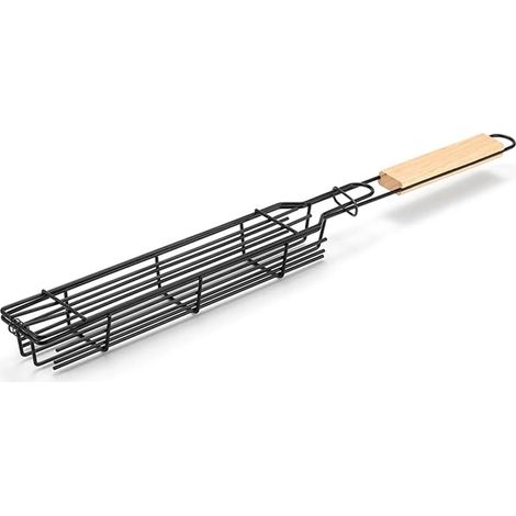 Panier à barbecue de camping, gril à charbon de bois, outil de grillade extérieur, accessoire de pique-nique portable avec manche en bois pour rôtir la viande (1/5)