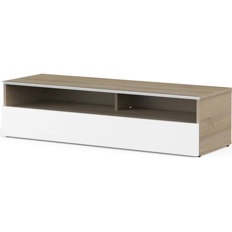 Meuble TV 2 niches 1 porte bois clair et blanc Miami 120cm