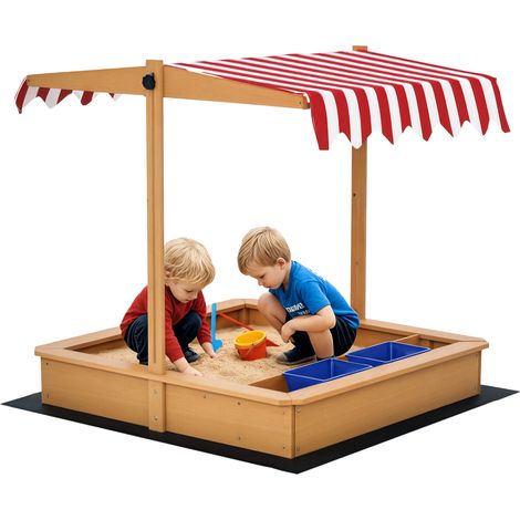 Bac sable bois enfants auvent réglable sièges bacs 107,5x107,5x100 cm, aire de jeux couverte modulable
