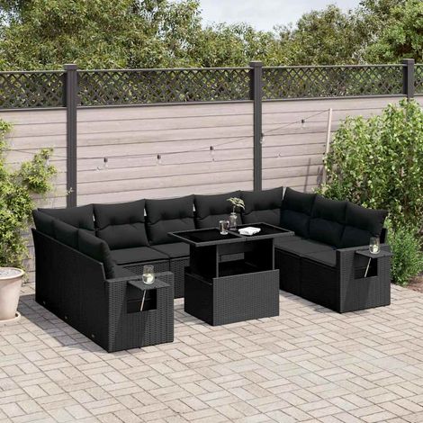 10-tlg. Garten-Sofagarnitur mit Kissen Schwarz Poly Rattan vidaXL (1/5)